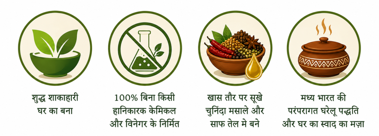 शुद्ध शाकाहारी घर का बना 100% बिना किसी हानिकारक केमिकल और विनेगर के निर्मित खास तौर पर सूखे चुनिंदा मसाले और साफ तेल मे बने मध्य भारत की परंपरागत घरेलू पद्धति और घर का स्वाद का मज़ा